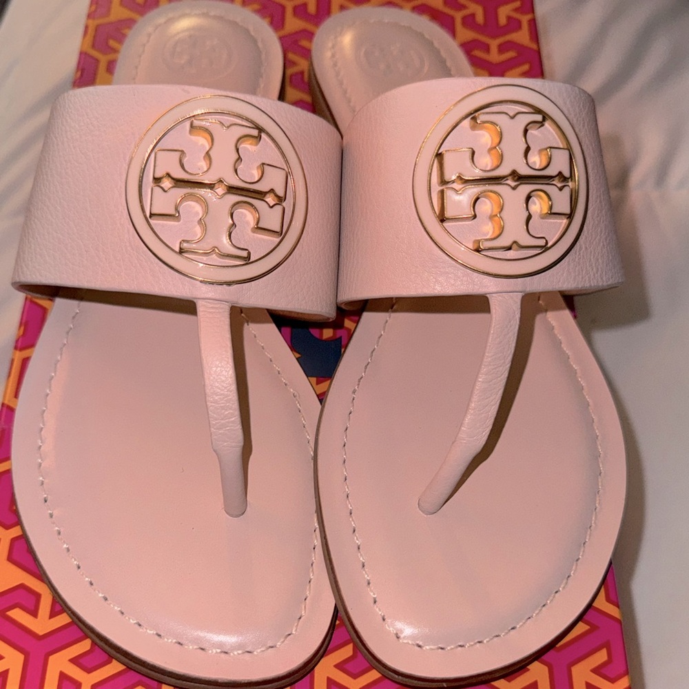 Tory Burch Benton Band Leather Flat Sandal- (seashell pink color)